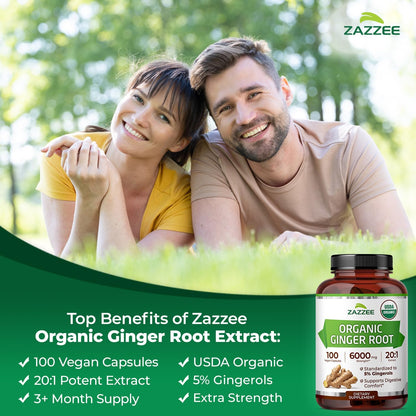 Zazzee USDA Organic Ginger Root 20:1 Extract, 5% Gingerols, 100 Vegan Capsules, 3+ Month Supply, Zingiber Officinale, Digestive & Stomach Support, All-Natural, Non-GMO, Made in the USA - PrimeBioHealth - canada supplements