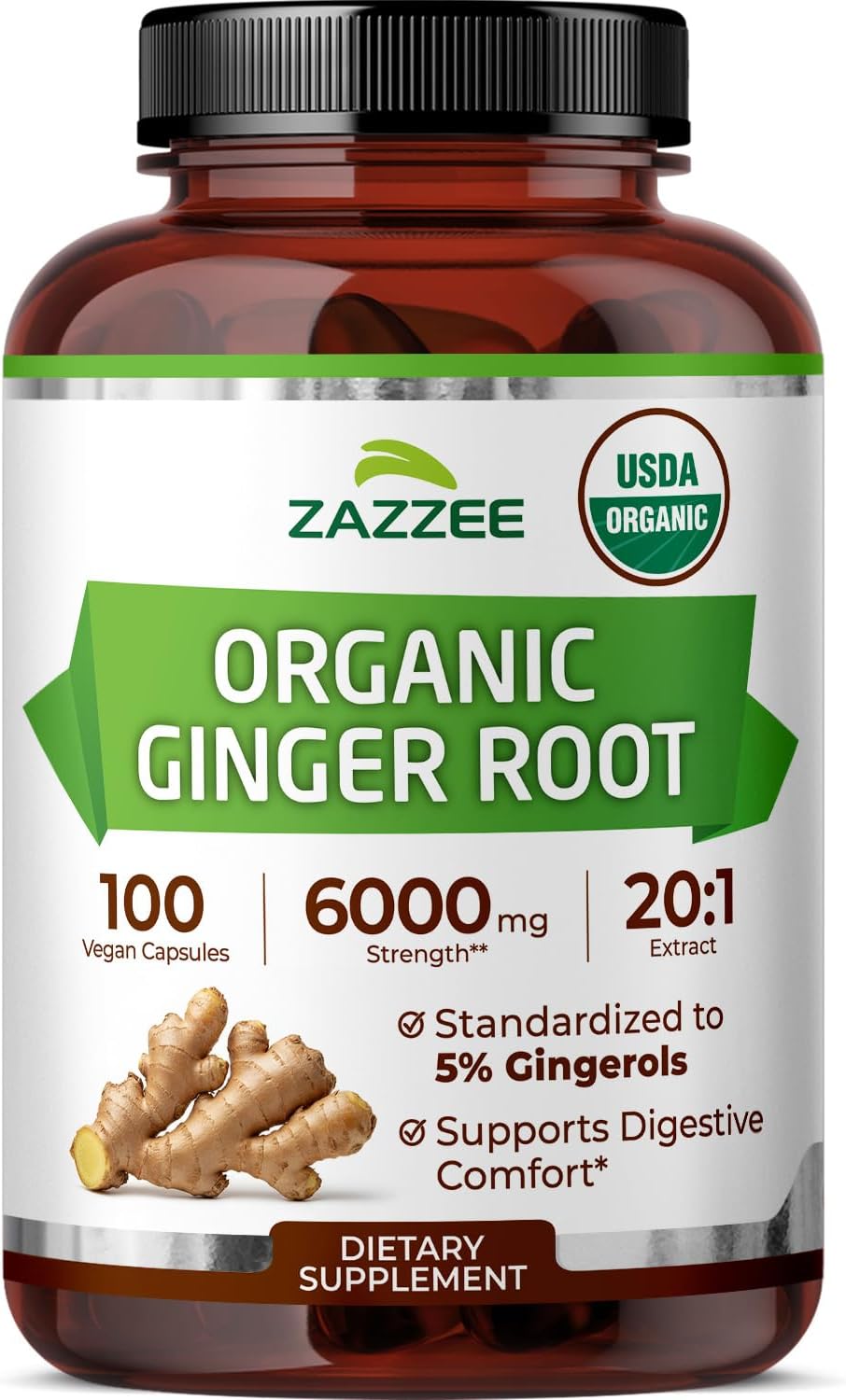 Zazzee USDA Organic Ginger Root 20:1 Extract, 5% Gingerols, 100 Vegan Capsules, 3+ Month Supply, Zingiber Officinale, Digestive & Stomach Support, All-Natural, Non-GMO, Made in the USA - PrimeBioHealth - canada supplements