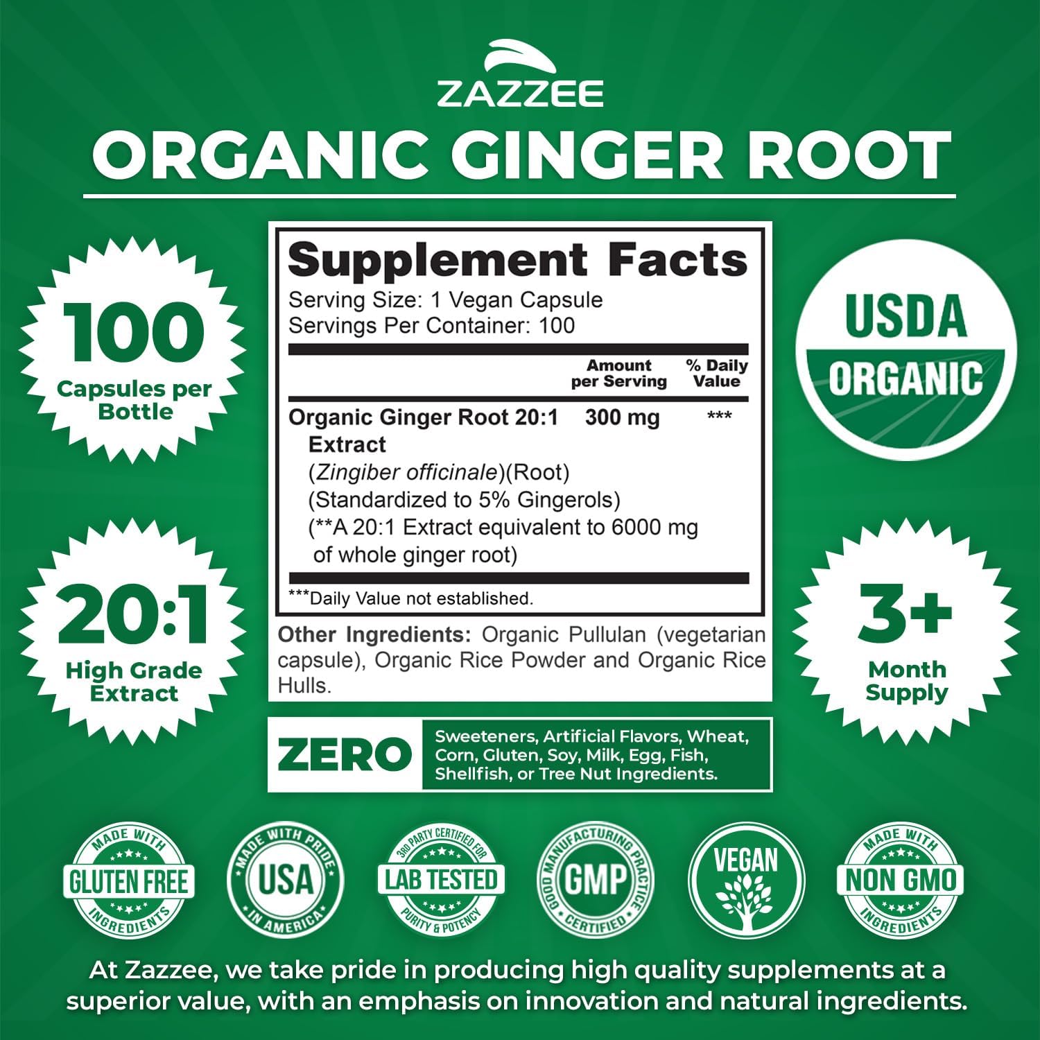 Zazzee USDA Organic Ginger Root 20:1 Extract, 5% Gingerols, 100 Vegan Capsules, 3+ Month Supply, Zingiber Officinale, Digestive & Stomach Support, All-Natural, Non-GMO, Made in the USA - PrimeBioHealth - canada supplements
