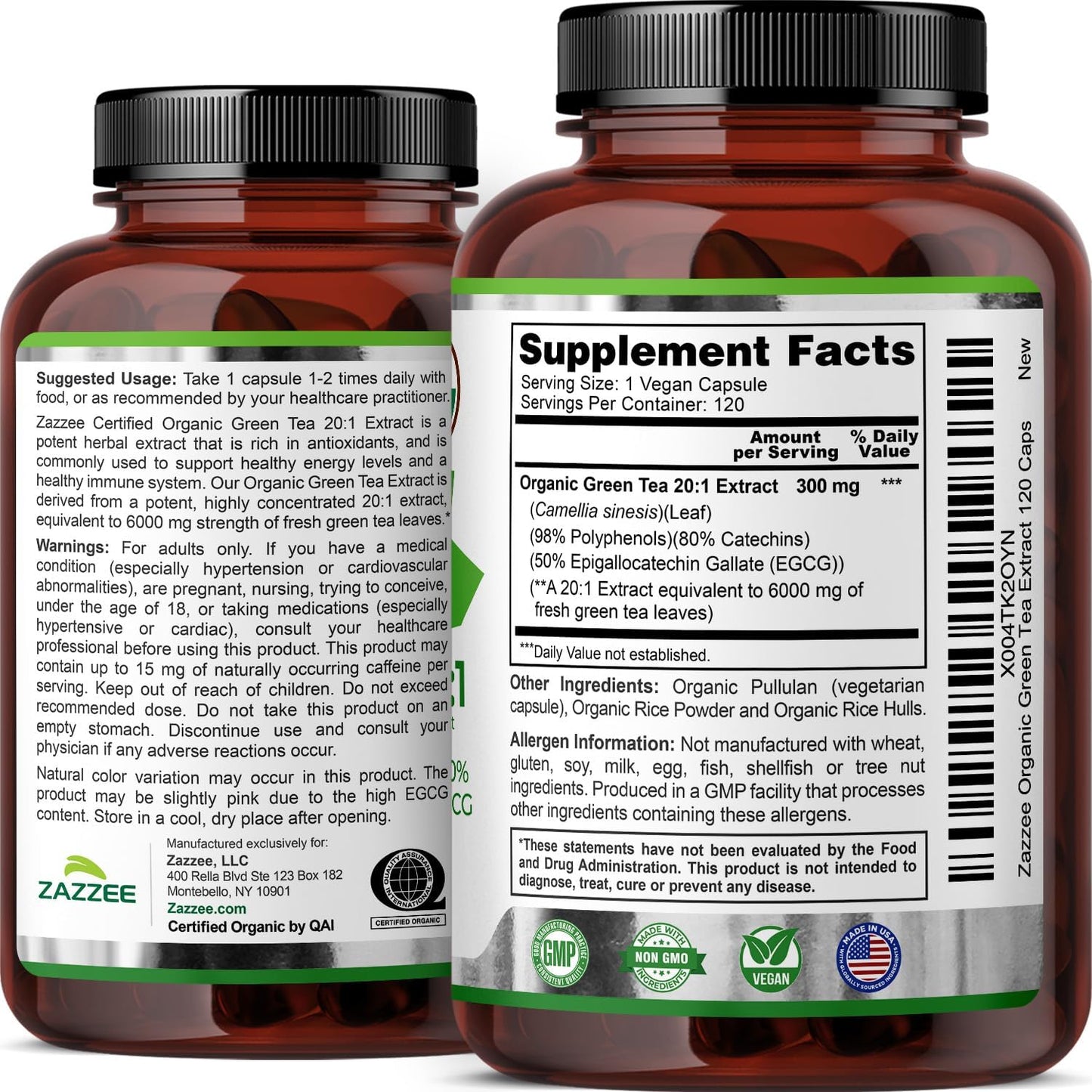 Zazzee USDA Organic Green Tea 20:1 Extract, 50% EGCG, 98% Polyphenols, 80% Catechins, 120 Vegan Capsules, 4 Month Supply, Antioxidant, Metabolism & Energy Support, Non-GMO, All-Natural, Made in USA - PrimeBioHealth - canada supplements