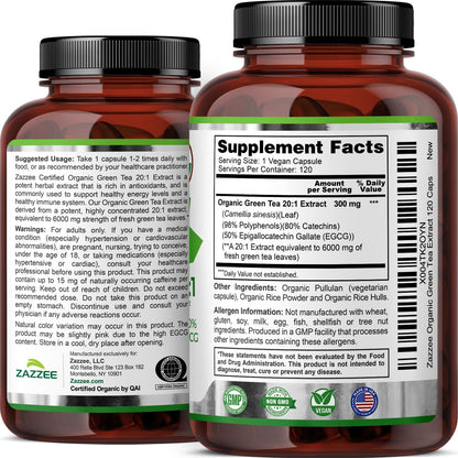 Zazzee USDA Organic Green Tea 20:1 Extract, 50% EGCG, 98% Polyphenols, 80% Catechins, 120 Vegan Capsules, 4 Month Supply, Antioxidant, Metabolism & Energy Support, Non-GMO, All-Natural, Made in USA - PrimeBioHealth - canada supplements