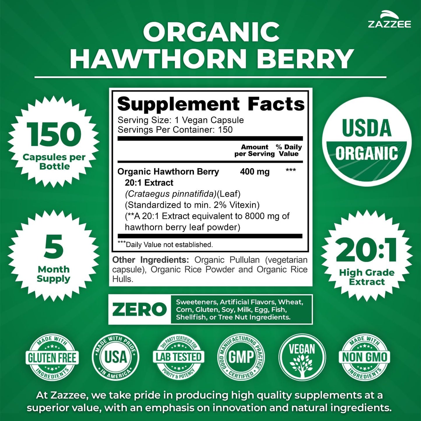Zazzee USDA Organic Hawthorn Berry 20:1 Extract, 2% Vitexin, 150 Capsules | 5 Month Supply, Vegan, Crataegus Pinnatifida, Antioxidant & Circulation Support, Herbal Supplement, Non-GMO, Made in the USA - PrimeBioHealth - canada supplements