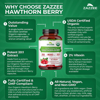 Zazzee USDA Organic Hawthorn Berry 20:1 Extract, 2% Vitexin, 150 Capsules | 5 Month Supply, Vegan, Crataegus Pinnatifida, Antioxidant & Circulation Support, Herbal Supplement, Non-GMO, Made in the USA - PrimeBioHealth - canada supplements