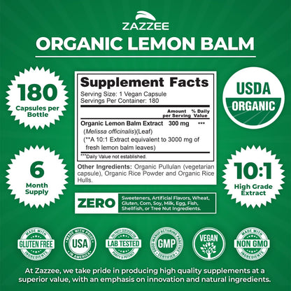 Zazzee USDA Organic Lemon Balm 10:1 Extract, 180 Capsules, 6 Month Supply | Vegan, All-Natural, Non-GMO, Melissa Officinalis, Calm, Mood, Stress & Relaxation Support, Herbal Supplement, Made in the USA - PrimeBioHealth - canada supplements