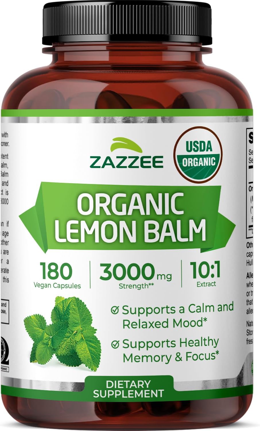 Zazzee USDA Organic Lemon Balm 10:1 Extract, 180 Capsules, 6 Month Supply | Vegan, All-Natural, Non-GMO, Melissa Officinalis, Calm, Mood, Stress & Relaxation Support, Herbal Supplement, Made in the USA - PrimeBioHealth - canada supplements