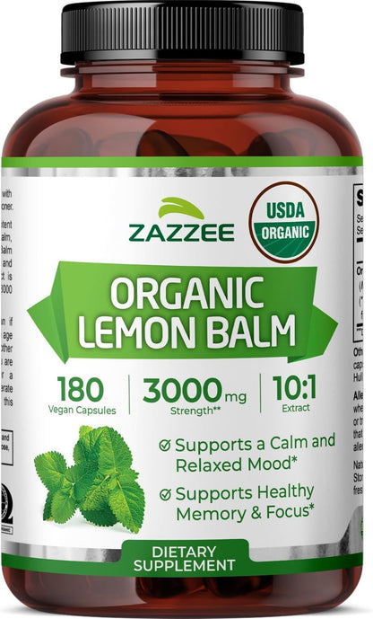 Zazzee USDA Organic Lemon Balm 10:1 Extract, 180 Capsules, 6 Month Supply | Vegan, All-Natural, Non-GMO, Melissa Officinalis, Calm, Mood, Stress & Relaxation Support, Herbal Supplement, Made in the USA - PrimeBioHealth - canada supplements