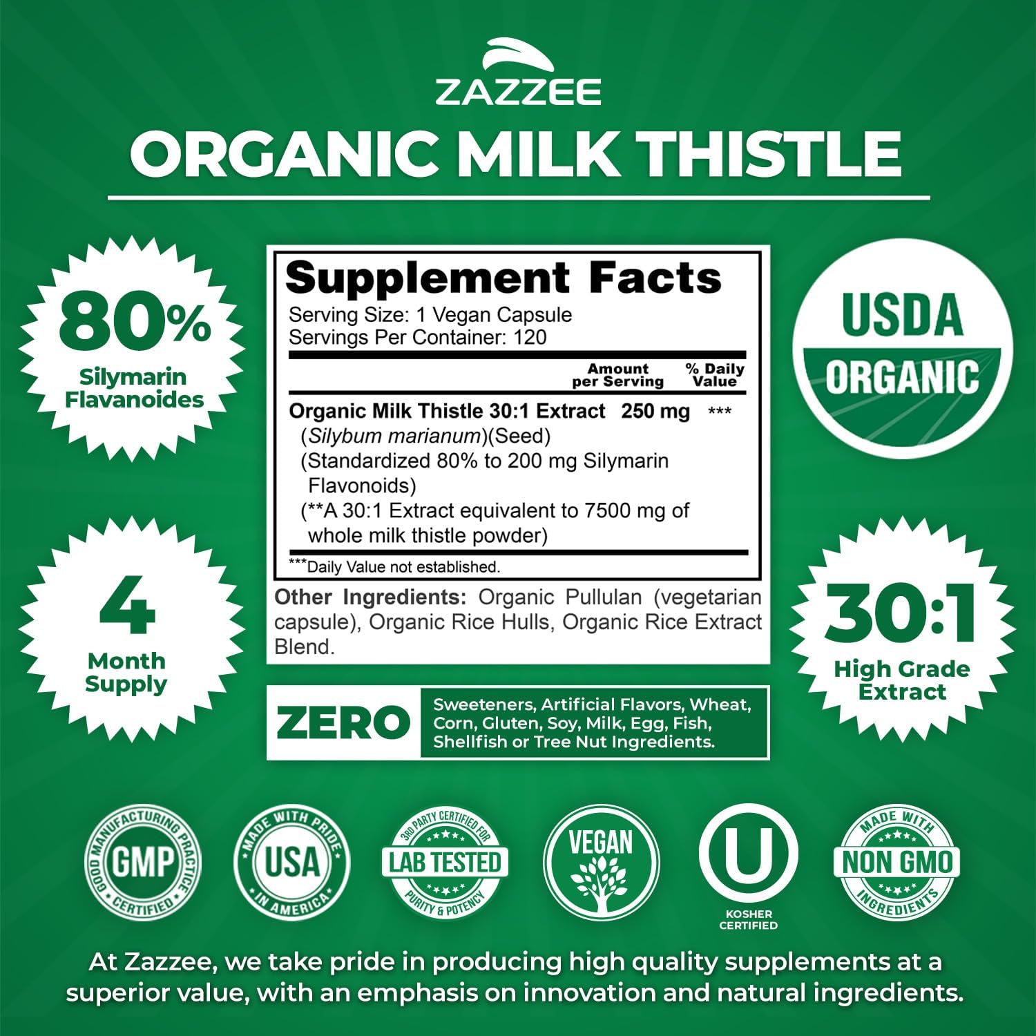 Zazzee USDA Organic Milk Thistle 30:1 Extract, 80% Silymarin, 120 Vegan Capsules, 4 Month Supply, Certified Kosher, High Potency Liver & Antioxidant Support, Silybum Marianum, Non-GMO, Made in the USA - PrimeBioHealth - canada supplements