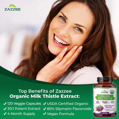 Zazzee USDA Organic Milk Thistle 30:1 Extract, 80% Silymarin, 120 Vegan Capsules, 4 Month Supply, Certified Kosher, High Potency Liver & Antioxidant Support, Silybum Marianum, Non-GMO, Made in the USA - PrimeBioHealth - canada supplements