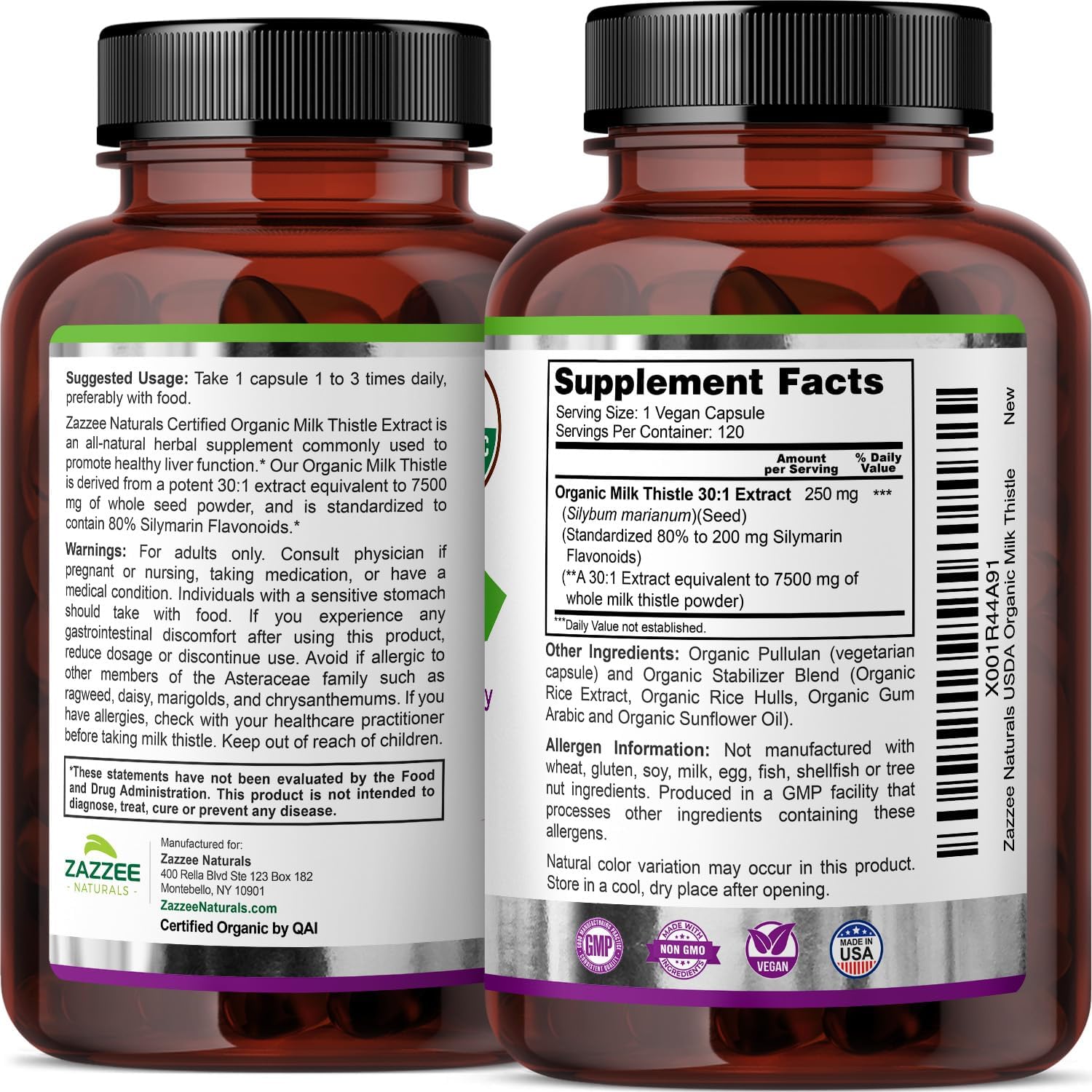 Zazzee USDA Organic Milk Thistle 30:1 Extract, 80% Silymarin, 120 Vegan Capsules, 4 Month Supply, Certified Kosher, High Potency Liver & Antioxidant Support, Silybum Marianum, Non-GMO, Made in the USA - PrimeBioHealth - canada supplements