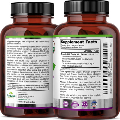 Zazzee USDA Organic Milk Thistle 30:1 Extract, 80% Silymarin, 120 Vegan Capsules, 4 Month Supply, Certified Kosher, High Potency Liver & Antioxidant Support, Silybum Marianum, Non-GMO, Made in the USA - PrimeBioHealth - canada supplements