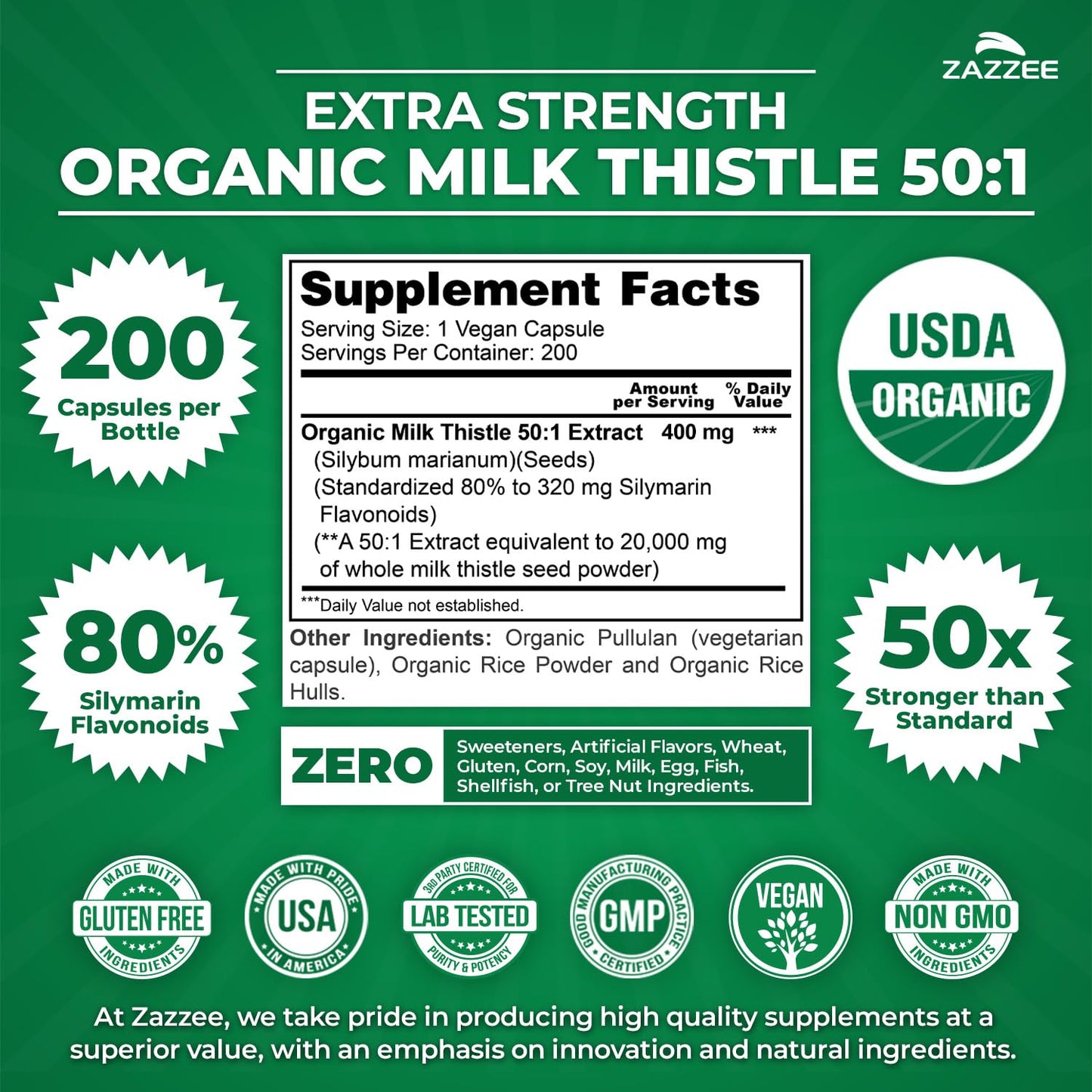 Zazzee USDA Organic Milk Thistle 50:1 Extract, 80% Silymarin Flavonoids, 200 Vegan Capsules, 6+ Month Supply, Silybum Marianum, Liver Support & Detox Support, Organic All-Natural, Non-GMO, Made in USA - PrimeBioHealth - canada supplements