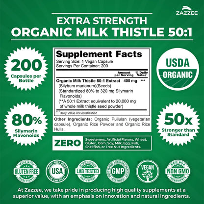 Zazzee USDA Organic Milk Thistle 50:1 Extract, 80% Silymarin Flavonoids, 200 Vegan Capsules, 6+ Month Supply, Silybum Marianum, Liver Support & Detox Support, Organic All-Natural, Non-GMO, Made in USA - PrimeBioHealth - canada supplements