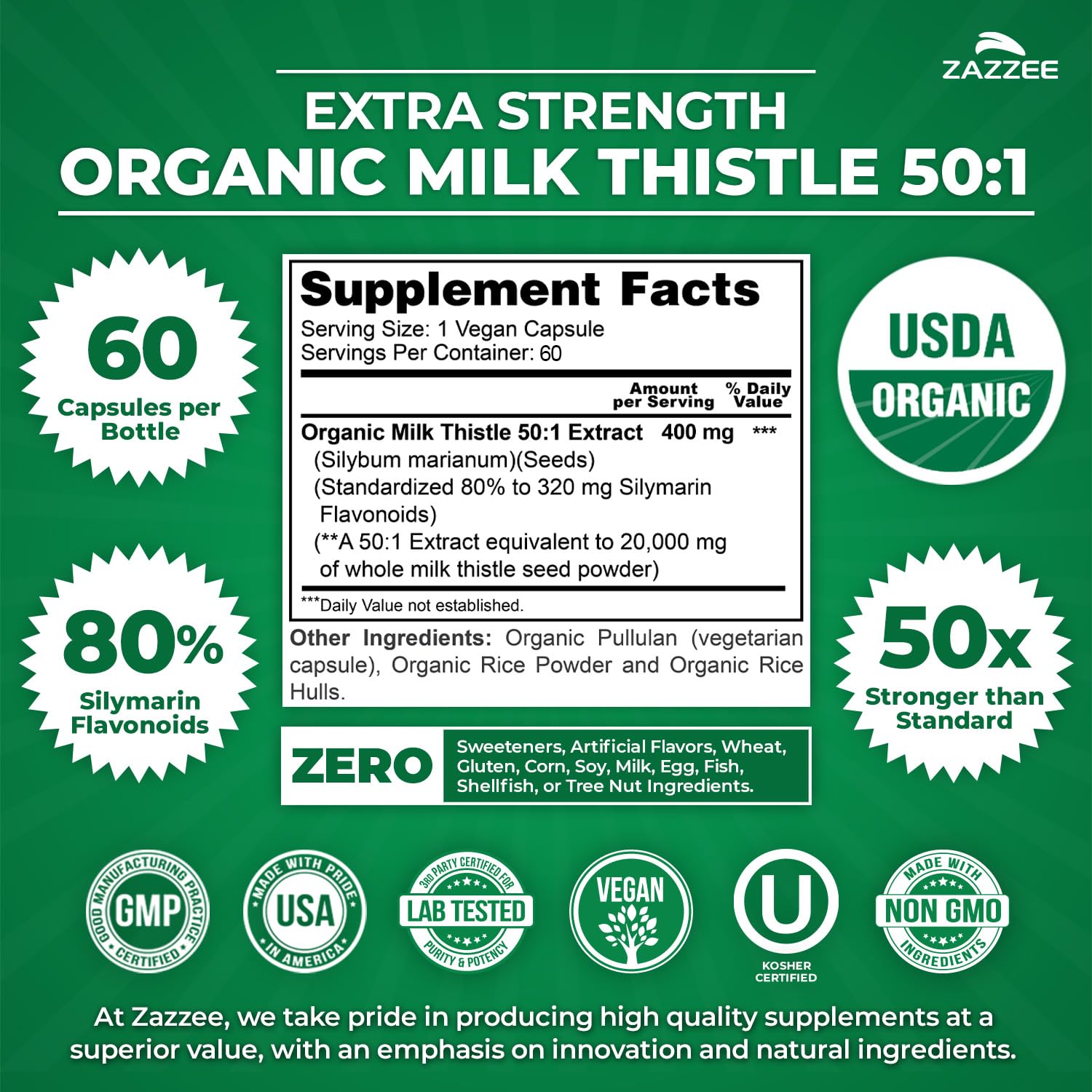 Zazzee USDA Organic Milk Thistle 50:1 Extract, 80% Silymarin Flavonoids, 200 Vegan Capsules, 6+ Month Supply, Silybum Marianum, Liver Support & Detox Support, Organic All-Natural, Non-GMO, Made in USA - PrimeBioHealth - canada supplements