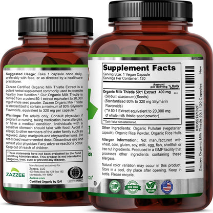 Zazzee USDA Organic Milk Thistle 50:1 Extract, 80% Silymarin Flavonoids, 200 Vegan Capsules, 6+ Month Supply, Silybum Marianum, Liver Support & Detox Support, Organic All-Natural, Non-GMO, Made in USA - PrimeBioHealth - canada supplements