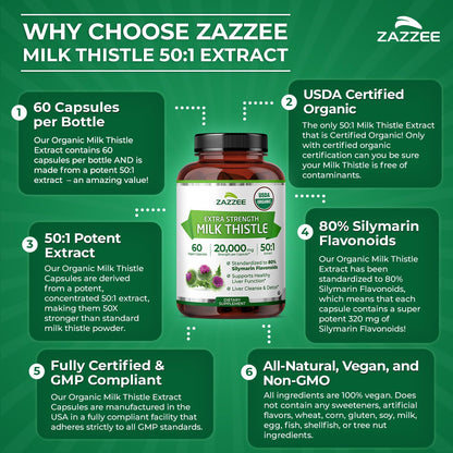 Zazzee USDA Organic Milk Thistle 50:1 Extract, 80% Silymarin Flavonoids, 200 Vegan Capsules, 6+ Month Supply, Silybum Marianum, Liver Support & Detox Support, Organic All-Natural, Non-GMO, Made in USA - PrimeBioHealth - canada supplements