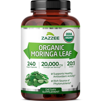 Zazzee USDA Organic Moringa Leaf 20:1 Extract, 180 Vegan Capsules, 3 Month Supply, Certified Kosher, Moringa Oleifera, Antioxidant, Immune & Cellular Support, Superfood Supplement, Made in the USA - PrimeBioHealth - canada supplements