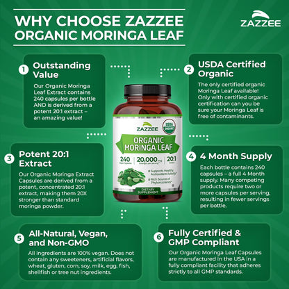 Zazzee USDA Organic Moringa Leaf 20:1 Extract, 180 Vegan Capsules, 3 Month Supply, Certified Kosher, Moringa Oleifera, Antioxidant, Immune & Cellular Support, Superfood Supplement, Made in the USA - PrimeBioHealth - canada supplements