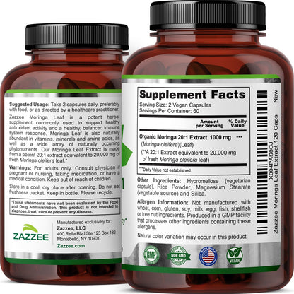 Zazzee USDA Organic Moringa Leaf 20:1 Extract, 180 Vegan Capsules, 3 Month Supply, Certified Kosher, Moringa Oleifera, Antioxidant, Immune & Cellular Support, Superfood Supplement, Made in the USA - PrimeBioHealth - canada supplements