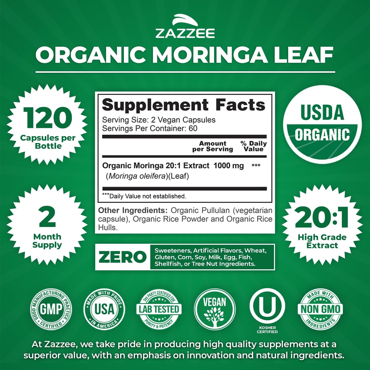 Zazzee USDA Organic Moringa Leaf 20:1 Extract, 180 Vegan Capsules, 3 Month Supply, Certified Kosher, Moringa Oleifera, Antioxidant, Immune & Cellular Support, Superfood Supplement, Made in the USA - PrimeBioHealth - canada supplements