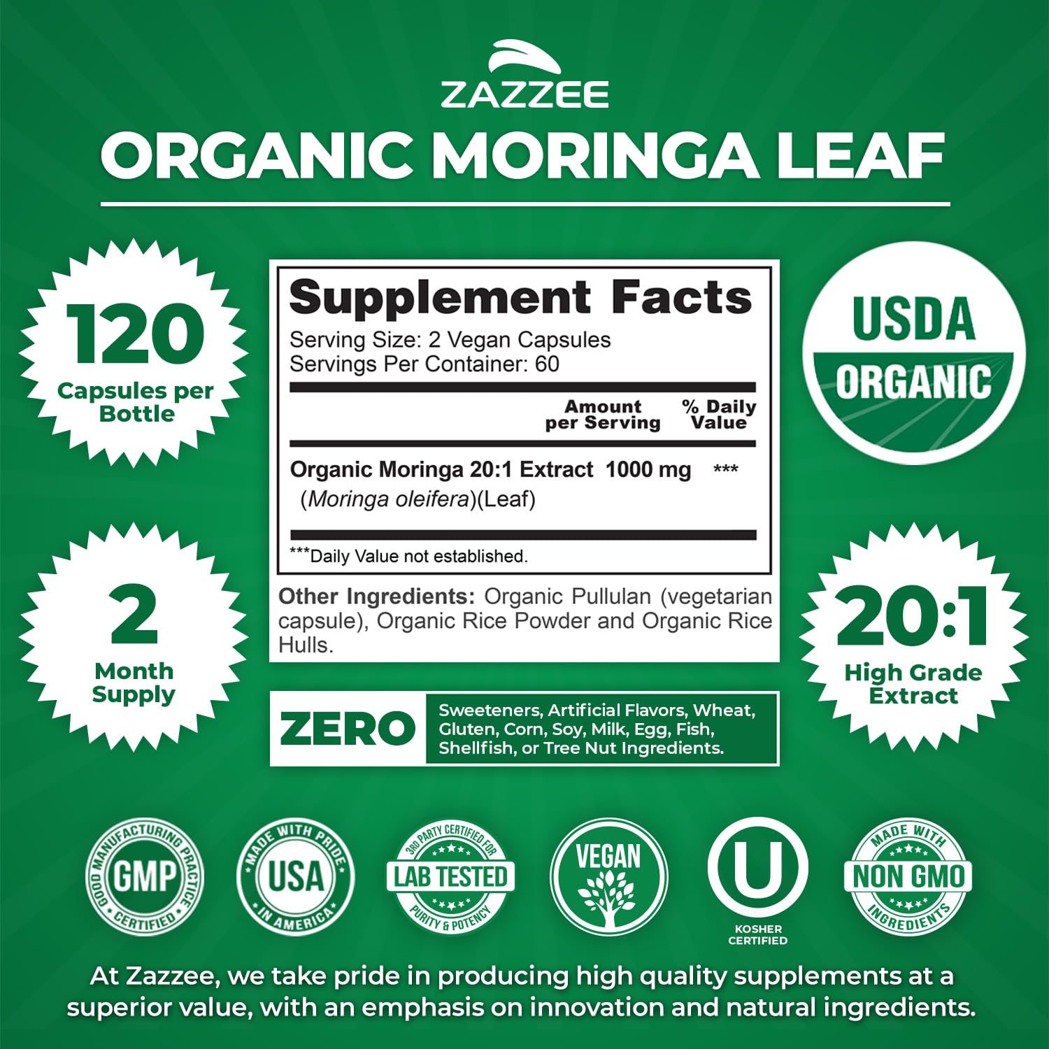 Zazzee USDA Organic Moringa Leaf 20:1 Extract, 180 Vegan Capsules, 3 Month Supply, Certified Kosher, Moringa Oleifera, Antioxidant, Immune & Cellular Support, Superfood Supplement, Made in the USA - PrimeBioHealth - canada supplements