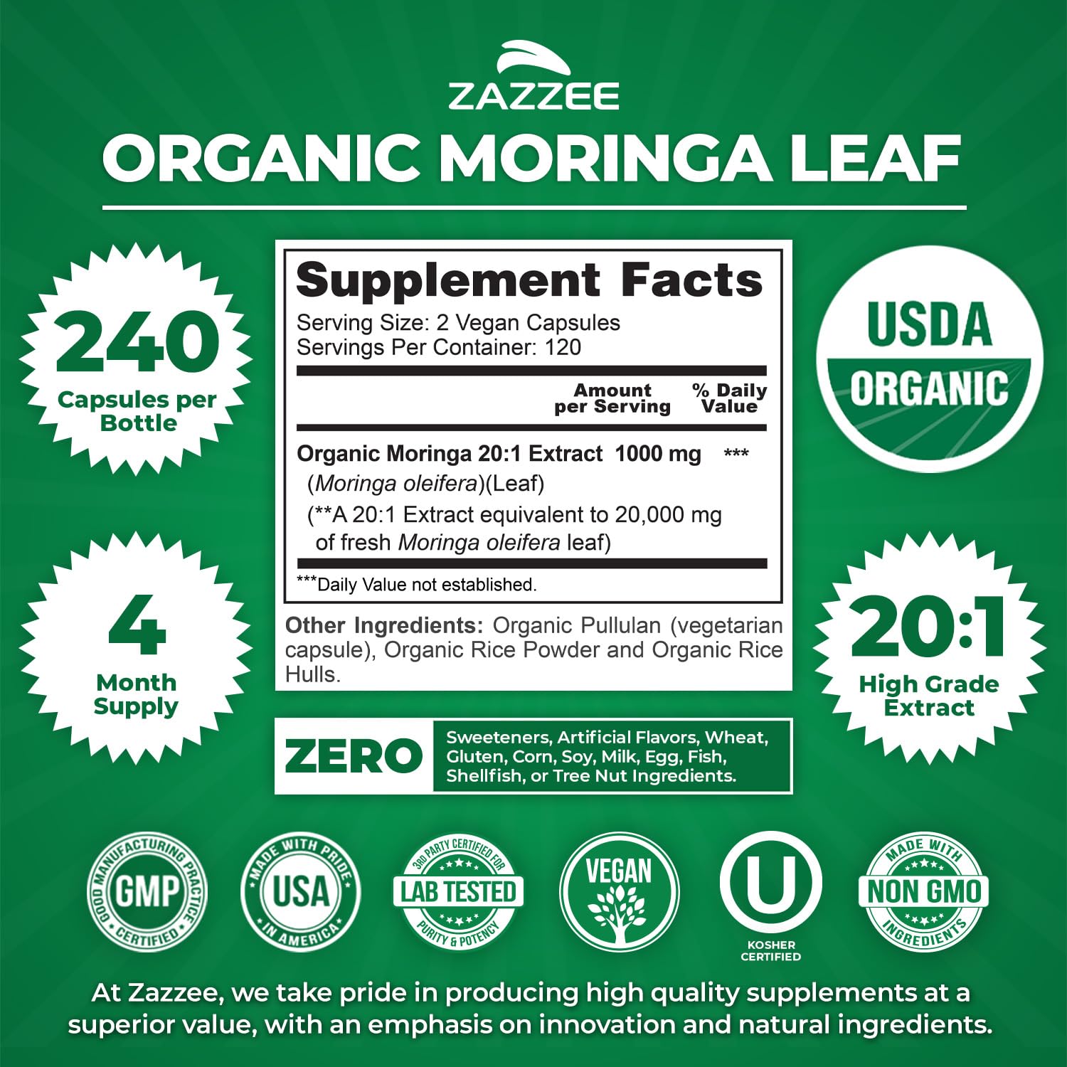 Zazzee USDA Organic Moringa Leaf 20:1 Extract, 180 Vegan Capsules, 3 Month Supply, Certified Kosher, Moringa Oleifera, Antioxidant, Immune & Cellular Support, Superfood Supplement, Made in the USA - PrimeBioHealth - canada supplements