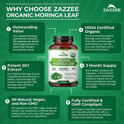 Zazzee USDA Organic Moringa Leaf 20:1 Extract, 180 Vegan Capsules, 3 Month Supply, Certified Kosher, Moringa Oleifera, Antioxidant, Immune & Cellular Support, Superfood Supplement, Made in the USA - PrimeBioHealth - canada supplements