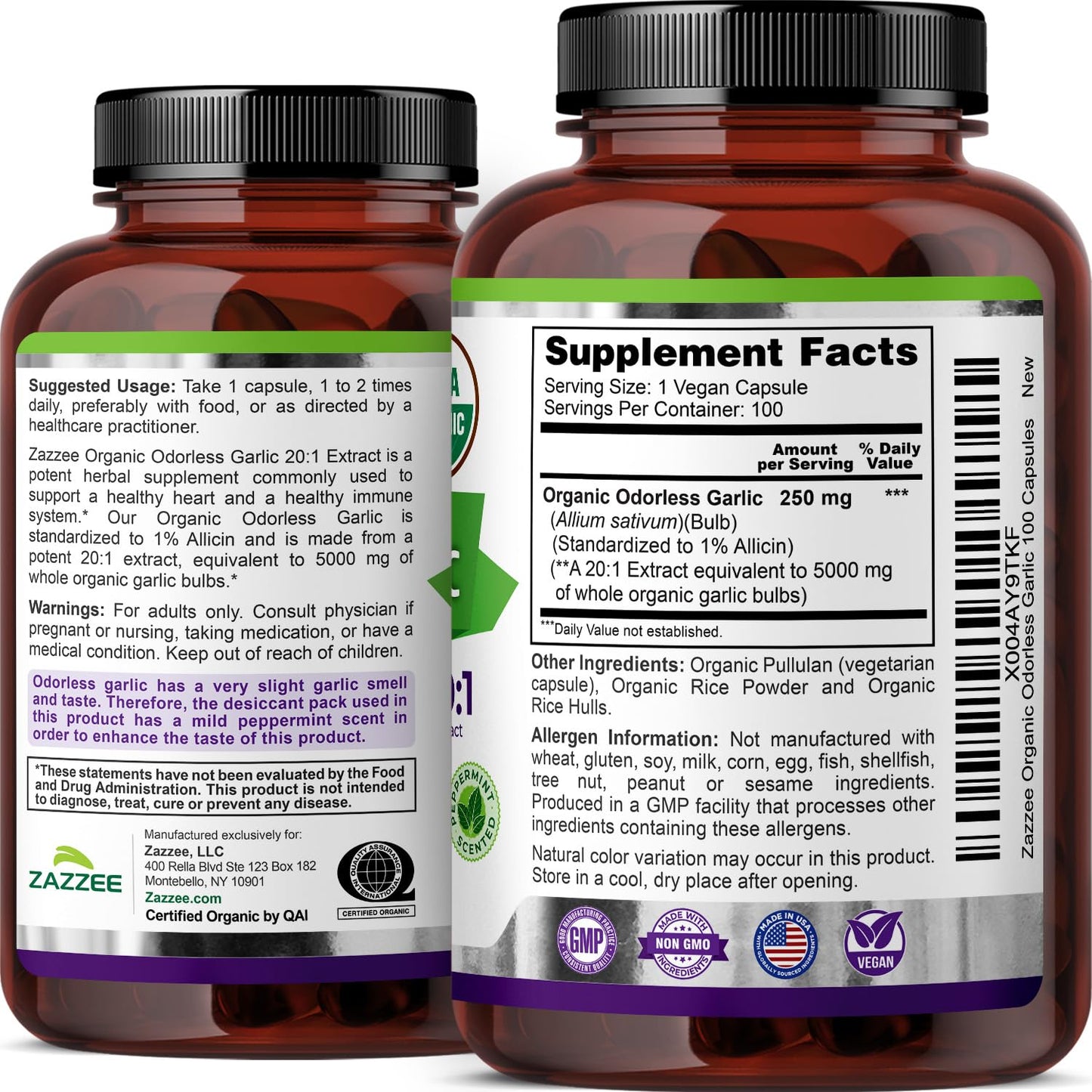Zazzee USDA Organic Odorless Garlic 20:1 Extract, 1% Allicin, 100 Vegan Capsules, 3+ Month Supply, Allium Sativum, Immune, Circulation & Heart Health Support, All-Natural, Non-GMO, Made in the USA - PrimeBioHealth - canada supplements