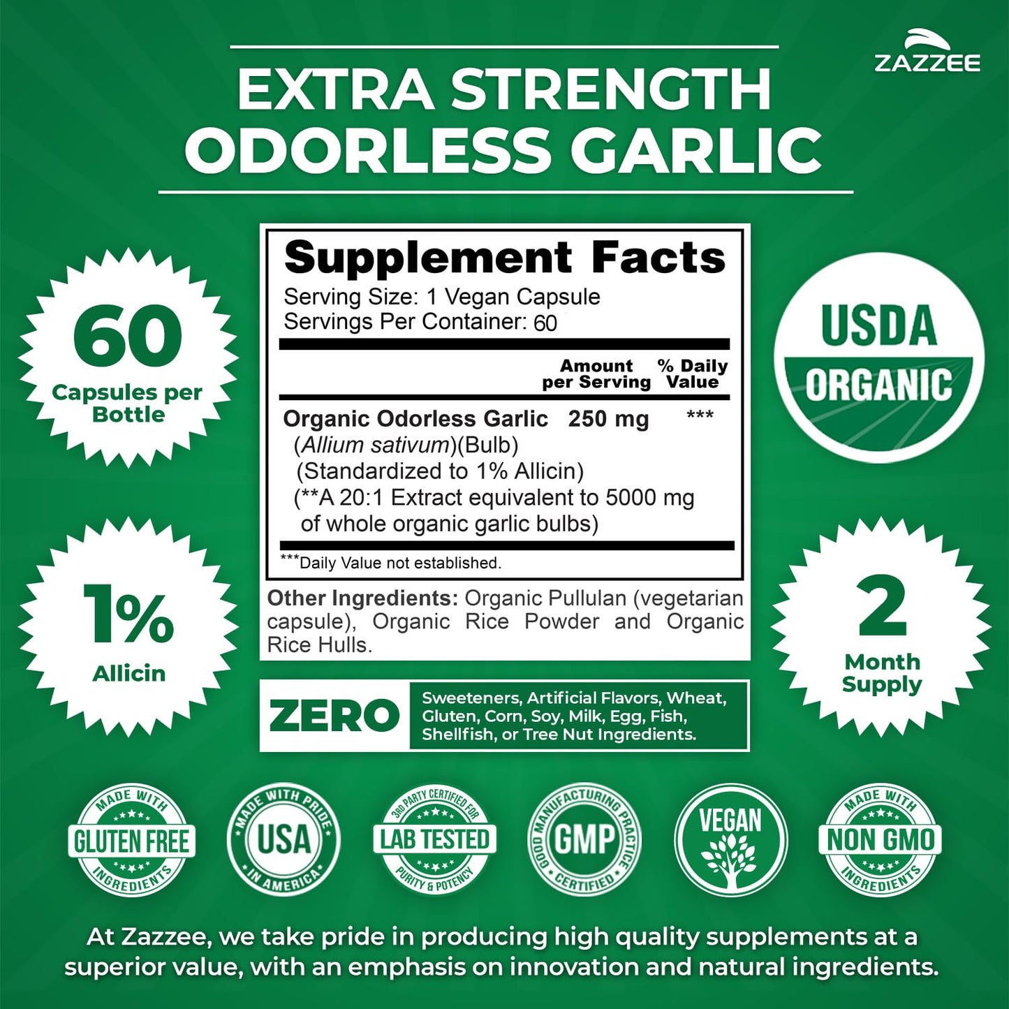 Zazzee USDA Organic Odorless Garlic 20:1 Extract, 1% Allicin, 100 Vegan Capsules, 3+ Month Supply, Allium Sativum, Immune, Circulation & Heart Health Support, All-Natural, Non-GMO, Made in the USA - PrimeBioHealth - canada supplements