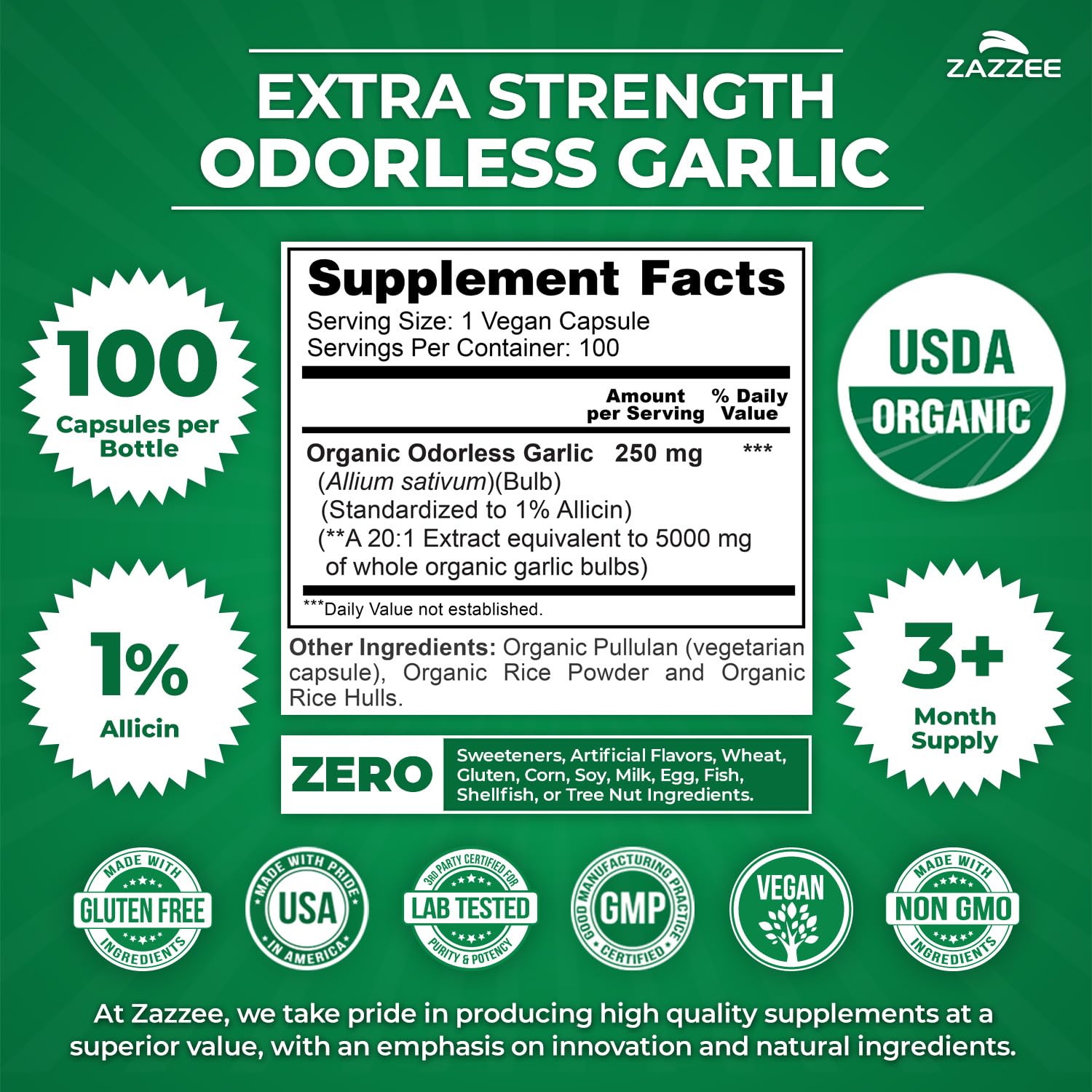 Zazzee USDA Organic Odorless Garlic 20:1 Extract, 1% Allicin, 100 Vegan Capsules, 3+ Month Supply, Allium Sativum, Immune, Circulation & Heart Health Support, All-Natural, Non-GMO, Made in the USA - PrimeBioHealth - canada supplements