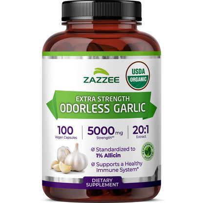 Zazzee USDA Organic Odorless Garlic 20:1 Extract, 1% Allicin, 100 Vegan Capsules, 3+ Month Supply, Allium Sativum, Immune, Circulation & Heart Health Support, All-Natural, Non-GMO, Made in the USA - PrimeBioHealth - canada supplements