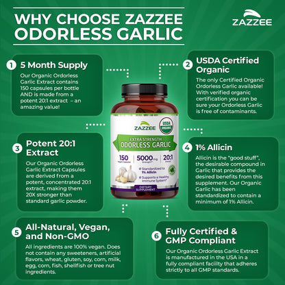 Zazzee USDA Organic Odorless Garlic 20:1 Extract, 1% Allicin, 100 Vegan Capsules, 3+ Month Supply, Allium Sativum, Immune, Circulation & Heart Health Support, All-Natural, Non-GMO, Made in the USA - PrimeBioHealth - canada supplements