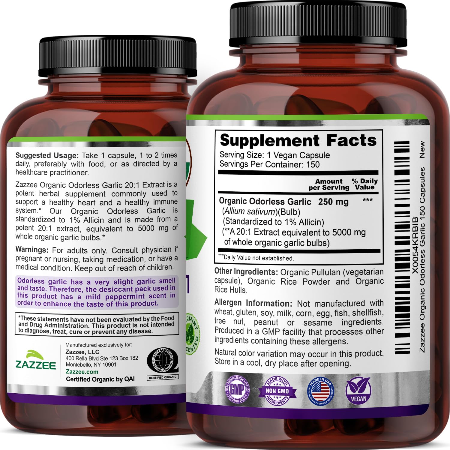 Zazzee USDA Organic Odorless Garlic 20:1 Extract, 1% Allicin, 100 Vegan Capsules, 3+ Month Supply, Allium Sativum, Immune, Circulation & Heart Health Support, All-Natural, Non-GMO, Made in the USA - PrimeBioHealth - canada supplements