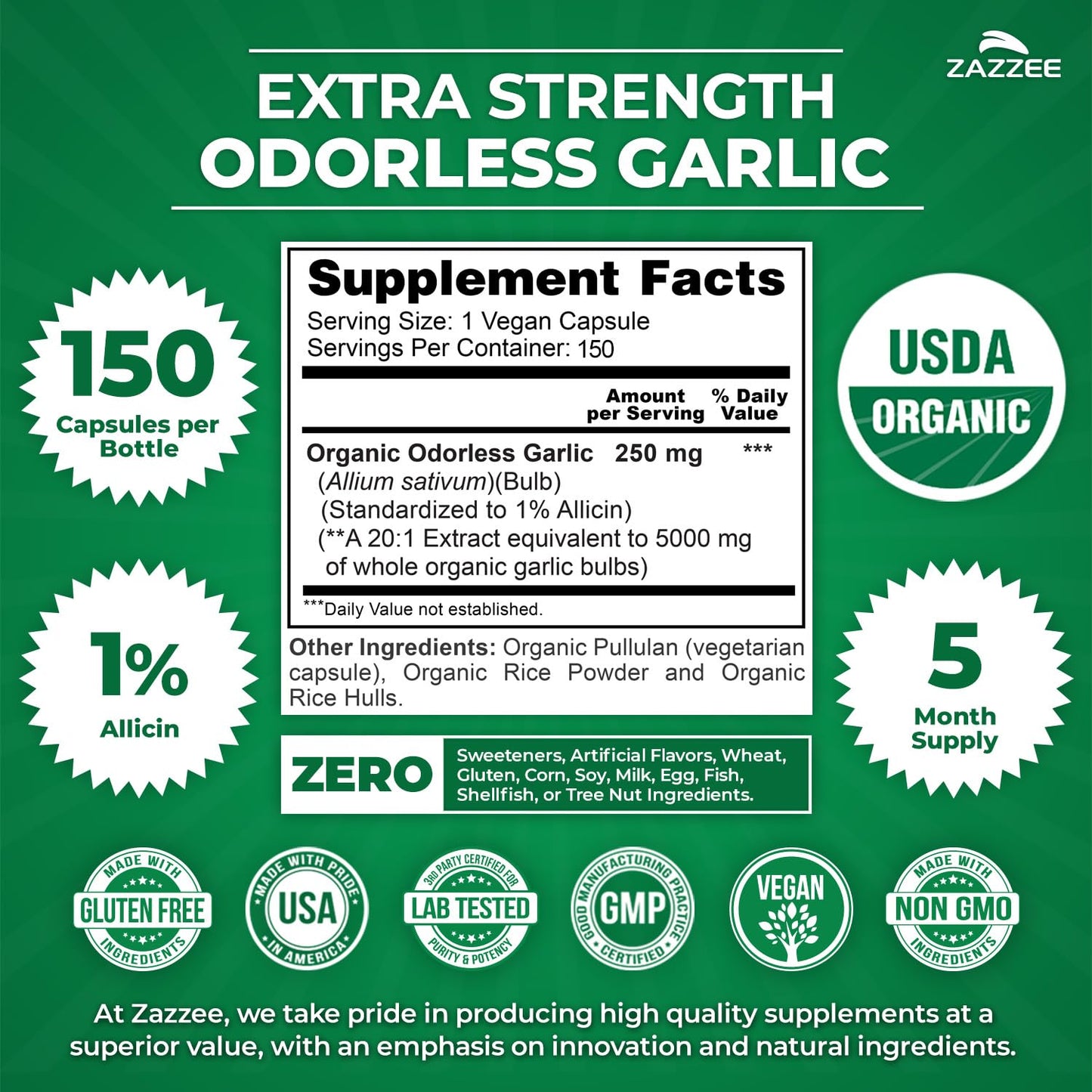 Zazzee USDA Organic Odorless Garlic 20:1 Extract, 1% Allicin, 100 Vegan Capsules, 3+ Month Supply, Allium Sativum, Immune, Circulation & Heart Health Support, All-Natural, Non-GMO, Made in the USA - PrimeBioHealth - canada supplements