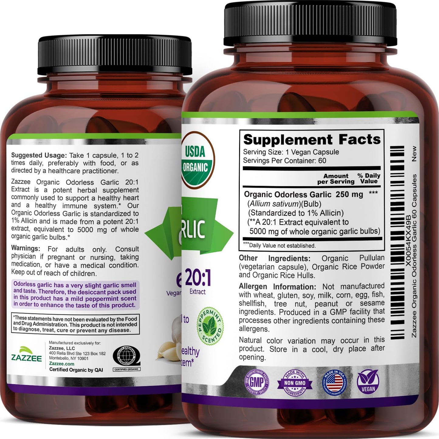 Zazzee USDA Organic Odorless Garlic 20:1 Extract, 1% Allicin, 100 Vegan Capsules, 3+ Month Supply, Allium Sativum, Immune, Circulation & Heart Health Support, All-Natural, Non-GMO, Made in the USA - PrimeBioHealth - canada supplements