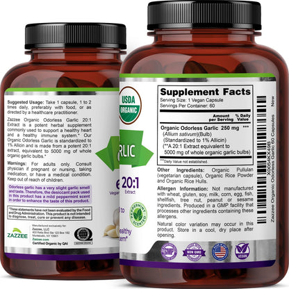 Zazzee USDA Organic Odorless Garlic 20:1 Extract, 1% Allicin, 100 Vegan Capsules, 3+ Month Supply, Allium Sativum, Immune, Circulation & Heart Health Support, All-Natural, Non-GMO, Made in the USA - PrimeBioHealth - canada supplements
