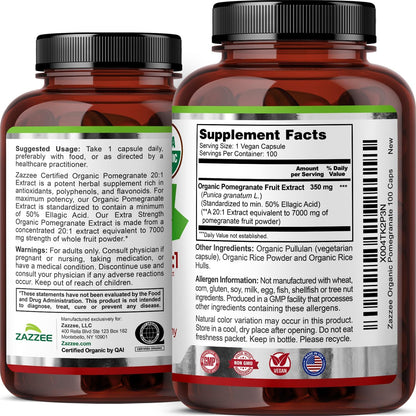 Zazzee USDA Organic Pomegranate 20:1 Extract, 50% Ellagic Acid 100 Capsules | Vegan, 3+ Month Supply, Punica Granatum, Antioxidant, Immune & Polyphenol Support, All-Natural, Non-GMO, Made in the USA - PrimeBioHealth - canada supplements