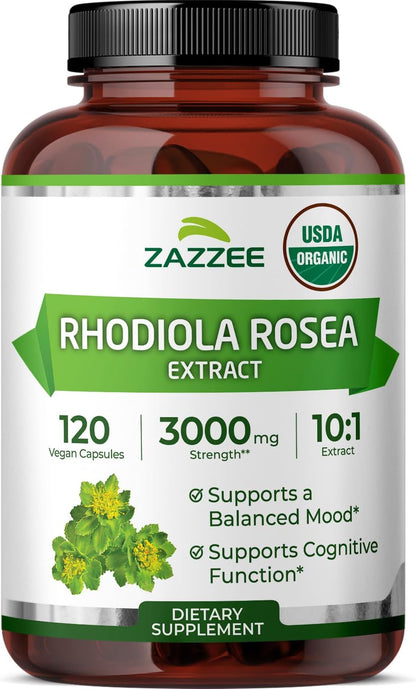 Zazzee USDA Organic Rhodiola 10:1 Extract, 120 Capsules, 4 Month Supply, Rhodiola Rosea, Energy, Stress & Mental Focus Support, Concentrated 10X Extract, All-Natural, Non-GMO, Made in the USA - PrimeBioHealth - canada supplements