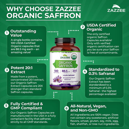Zazzee USDA Organic Saffron 20:1 Extract, 88.5 mg, 0.3% Safranal, 100 Vegan Capsules, 3+ Month Supply, Concentrated and Standardized 20X Extract, Non-GMO, All-Natural, Made in the USA - PrimeBioHealth - canada supplements