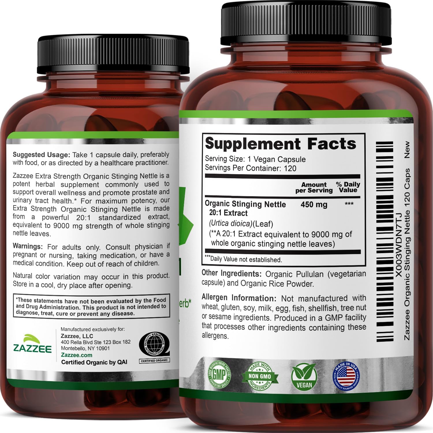 Zazzee USDA Organic Stinging Nettle Leaf 20:1 Extract, 120 Vegan Capsules, 4 Month Supply, Urtica Dioica, Respiratory, Immune & Seasonal Wellness Support, Organic Herbal Supplement, Made in the USA - PrimeBioHealth - canada supplements