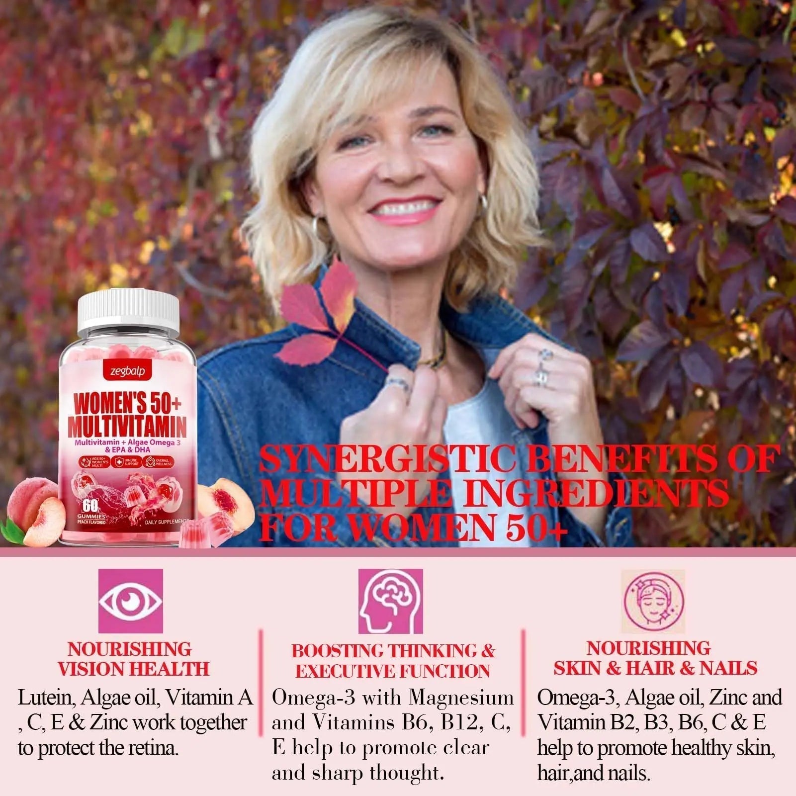 ZEGBALP Sugar-Free Womens Multivitamin 50 Plus Gummies with Calcium, Magnesium, Zinc, Vitamin A, C, D3, E, K2, B Complex, Folate, Biotin - PrimeBioHealth - canada supplements
