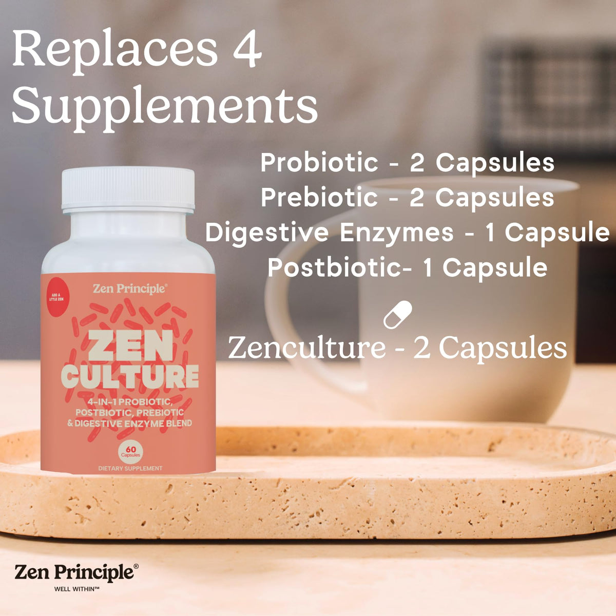 Zen Principle Zenculture™ – 4-in-1 Synbiotic Supplement (Probiotic + Prebiotic + Postbiotic + Digestive Enzymes) with CoreBiome®. Anti Bloating, - PrimeBioHealth - canada supplements