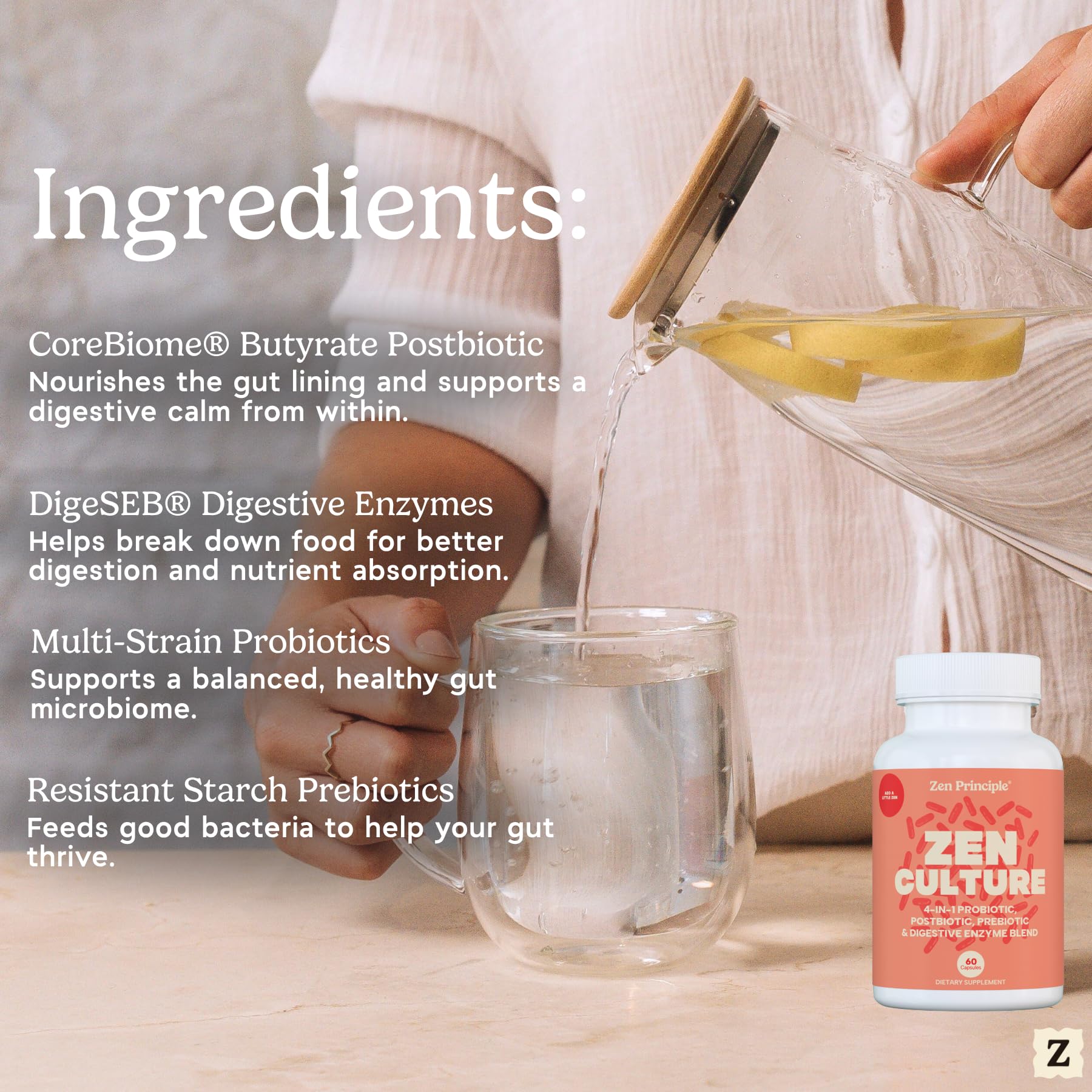 Zen Principle Zenculture™ – 4-in-1 Synbiotic Supplement (Probiotic + Prebiotic + Postbiotic + Digestive Enzymes) with CoreBiome®. Anti Bloating - PrimeBioHealth - canada supplements