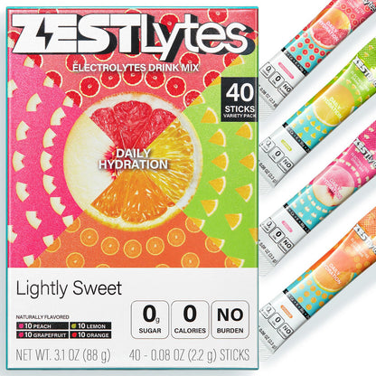 ZestLytes 40 Sticks Low Sodium Sugar Free & 0 Calorie Electrolyte Hydration Packets, Lightly Sweet Electrolyte Powder Drink Mix, Liquid Daily IV Flavors | Lemon Orange Peach Grapefruit - PrimeBioHealth - canada supplements