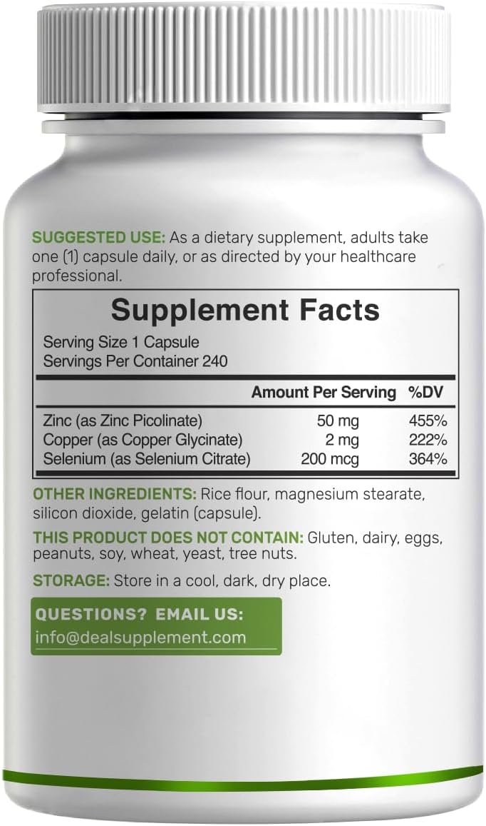 Zinc Picolinate 50mg with Copper & Selenium, 240 Capsules | 3-in-1 High Absorption Mineral Complex | Chelated Zinc Supplement for Immune Support* | 8 Month Supply - PrimeBioHealth - canada supplements
